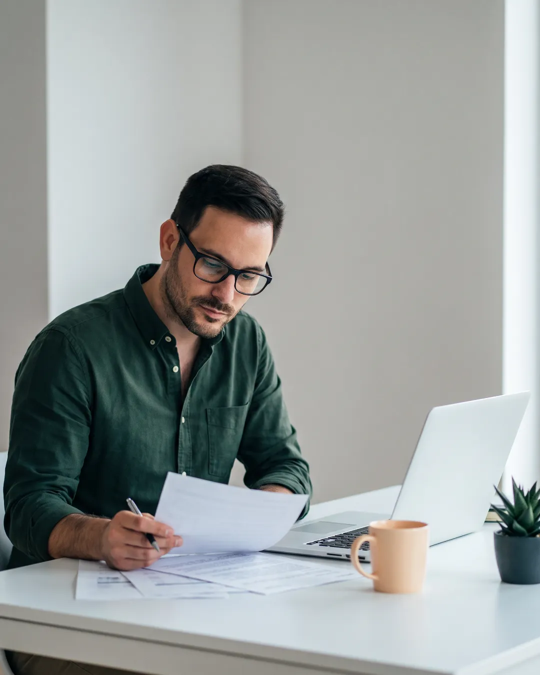 A man reviewing paperwork at his desk next to an open laptop